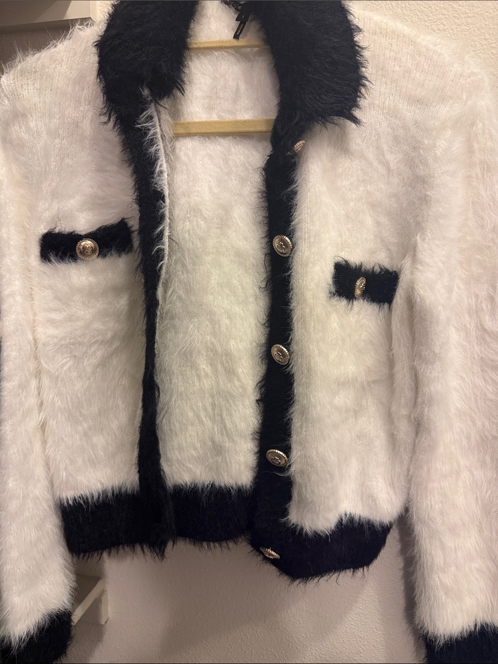 Maje White Faux Fur Jacket with Black Trim